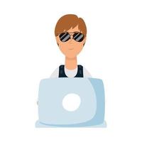 homme avatar avec des lunettes et un ordinateur portable vector design