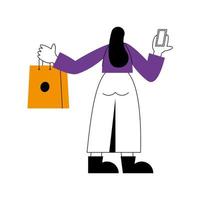 boutique en ligne et dessin animé femme tenant un smartphone et un sac vecteur conception