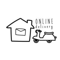 campagne de lettrage de livraison en ligne avec style de ligne maison et moto vecteur