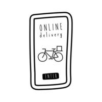 campagne de lettrage de livraison en ligne avec vélo dans le style de ligne de smartphone vecteur