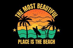 t-shirt silhouette surf belle plage coucher de soleil style rétro vecteur