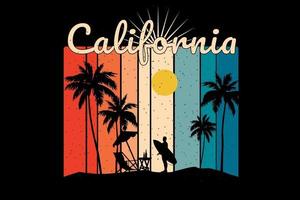t-shirt silhouette plage californie coucher de soleil style rétro vecteur