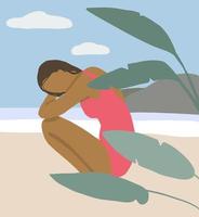 Jeune femme en maillot de bain assis sur la plage tropicale vecteur