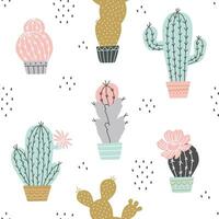 vecteur sans couture cactus modèle avec points chia sur blanc arrière-plan, main tiré esquisser avec cactus dans pots de fleurs. mexicain mignonne cactus impression dans pastel couleurs.