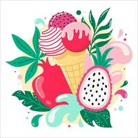 mignonne main tiré la glace crème cônes avec tropical des fruits et feuilles sur rond Contexte avec éclaboussure. vecteur illustration mélangé smoothie pour logo, les publicités, promotion, commercialisation, bannière.