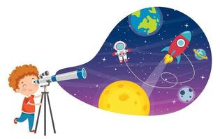 enfant utilisant un télescope pour la recherche astronomique vecteur