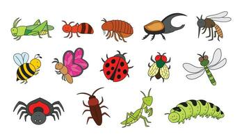 des gamins dessin dessin animé gros ensemble de insectes, sauterelle, fourmi, Puce, scarabée, moustique, abeille, papillon, coccinelle, voler, libellule, araignée, cafard, mante, chenille vecteur