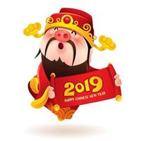 Chinese God of Wealth with a pig nose holds 2019 sign vecteur