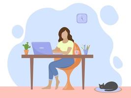 concept de travail à domicile. femme travaillant avec un ordinateur portable à distance à table assise sur une chaise. chat dormant sur le sol. illustration de plat de vecteur