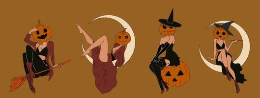 ensemble de quatre sorcières dans Halloween costume. citrouille. mignonne Dames. afficher, rétro style. Halloween costume concept. main tiré moderne vecteur illustration.