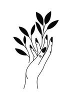 tatouage minimaliste d'une main tenant des plantes vecteur