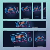 Cyber Monday social media post template with fluorescent lamps or neon style vecteur