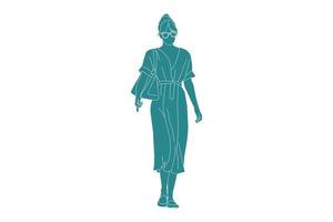 illustration vectorielle d'une femme élégante marchant sur le trottoir, style plat avec contour vecteur