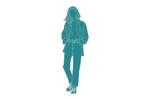 Vector illustration of casual woman posing on the sideroad, style plat avec contour