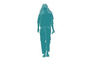 Vector illustration of casual woman on the sideroad, style plat avec contour