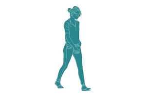 Vector illustration of casual woman walking on the sideroad, style plat avec contour