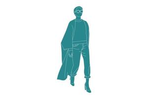 illustration vectorielle de femme fashiomable marchant sur le côté, style plat avec contour vecteur