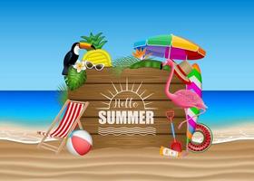 bonjour affiche d'été avec des éléments de plage, des fleurs tropicales, des feuilles, des oiseaux et un panneau en bois sur le paysage de la plage vecteur