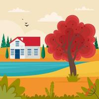 paysage d'automne avec une jolie petite maison sur la colline. illustration vectorielle mignon dans un style plat vecteur