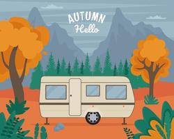 caravane en automne. concept de voyage sur la route. illustration vectorielle dans un style plat vecteur