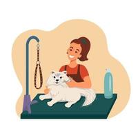 toilettage pour animaux de compagnie, fille cisaille un chien, illustration vectorielle dans un style plat, dessin animé vecteur