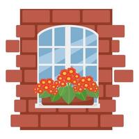 boîte avec des fleurs sur la fenêtre, mur de briques avec fenêtre blanche, illustration vectorielle dans un style plat, dessin animé, isolé vecteur
