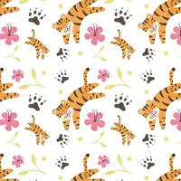 Cute Tiger Pattern With Flower And Leaves vecteur