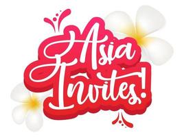 l'asie invite le modèle vectoriel d'affiche plate. terre exotique. tourisme. pays tropicaux. bannière, page de brochure, mise en page de conception de dépliant avec texte. autocollant avec lettrage calligraphique et plumeria