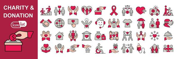 charité et don coloré icône ensemble. aider, bénévole, fait un don, assistance, partage et solidarité symbole. solide Icônes vecteur illustration.