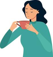 femme en buvant une tasse de thé plat style vecteur illustration, Dame en buvant une tasse de thé portant une vert chandail plat style Stock vecteur image