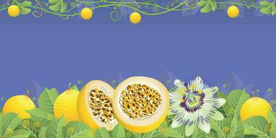 illustration de passion fruit Couper dans moitié et entier avec passion fleur parmi vert feuilles contre pastel violet Contexte. vecteur image