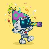 vecteur illustration de mignonne robot dessin animé soufflant trompette dans une fête