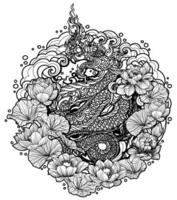 tatouage art thai dragon main dessin et croquis noir et blanc vecteur