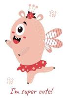 carte postale avec une jolie fille monstre ailée rose et tekt - je suis super mignonne. illustration vectorielle. pour cartes d'enfants, design, décoration et impression, décoration de chambres d'enfants vecteur