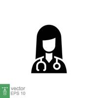 femelle médecin icône. Facile solide style. médecin avec stéthoscope, femme, médical, soins de santé, médical concept. noir silhouette, glyphe symbole. vecteur illustration isolé sur blanc Contexte. eps dix.