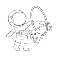 astronaute en jouant sauter avec chien pour coloration vecteur