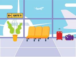 salle d'attente à l'aéroport. départ du salon avec des sièges de chaises, des sacs à bagages, des avions et une plante verte à côté d'une illustration vectorielle de style plat à grande fenêtre isolée sur fond bleu clair vecteur