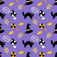 violet sans couture mignonne modèle pour Halloween. de fête fond d'écran avec noir chat et sorcière chapeau. Contexte pour impression sur en tissu et emballage papier. vecteur