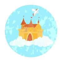 Vector illustration colorée du château de princesse fée magique flottant dans les nuages et pégase sur un fond rond bleu