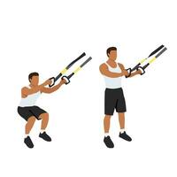 homme Faire trx suspension les bretelles squats exercer. plat vecteur illustration isolé sur blanc Contexte