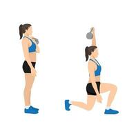 femme Faire kettlebell fente presse exercer. plat vecteur illustration isolé sur blanc Contexte. faire des exercices personnage ensemble