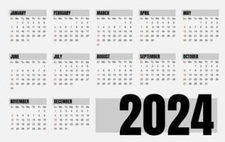 classique mensuel calendrier pour 2024. international calendrier dans le style de minimaliste carré forme. le la semaine départs sur dimanche. vecteur