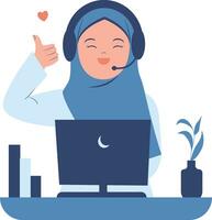 musulman femme dans hijab travail sur portable ordinateur et montrant les pouces en haut. plat vecteur illustration.