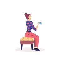 fille assise sur une chaise et buvant du café ou du thé à la maison. caractère d'illustration vectorielle vecteur