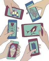 ensemble de mains tenant des smartphones avec diverses images. illustration vectorielle vecteur