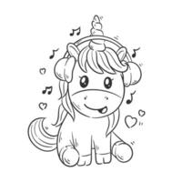 mignonne Licorne est écoute à la musique dessin animé vecteur pour coloration