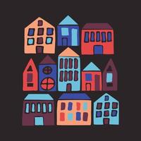 maisons plates dessinées à la main. illustration vectorielle avec la ville de dessin animé. vecteur