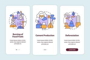 les émissions de carbone humaines provoquent l'intégration de l'écran de la page de l'application mobile avec des concepts. Procédure pas à pas pour la combustion des combustibles fossiles, instructions graphiques en 3 étapes. modèle vectoriel ui, ux, gui avec des illustrations en couleurs linéaires