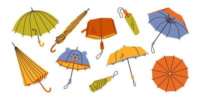 ensemble divers parapluie formes dans plat style isolé sur blanc Contexte. ouvert, plié parapluie en marchant bâton, automatique pliant et pour des gamins vecteur