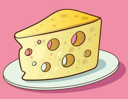 illustration de une pièce de fromage sur une blanc assiette sur une rose Contexte vecteur